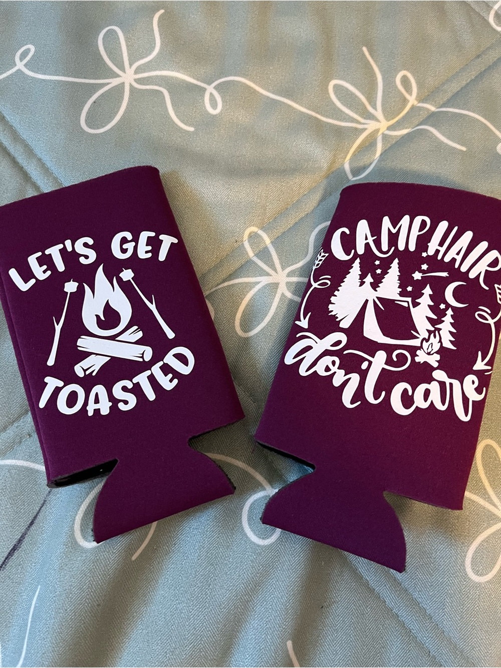 Maroon Campfire Slim Can Cooler - 'Let's Get Toasted' & 'Camp Hair Don't Care'